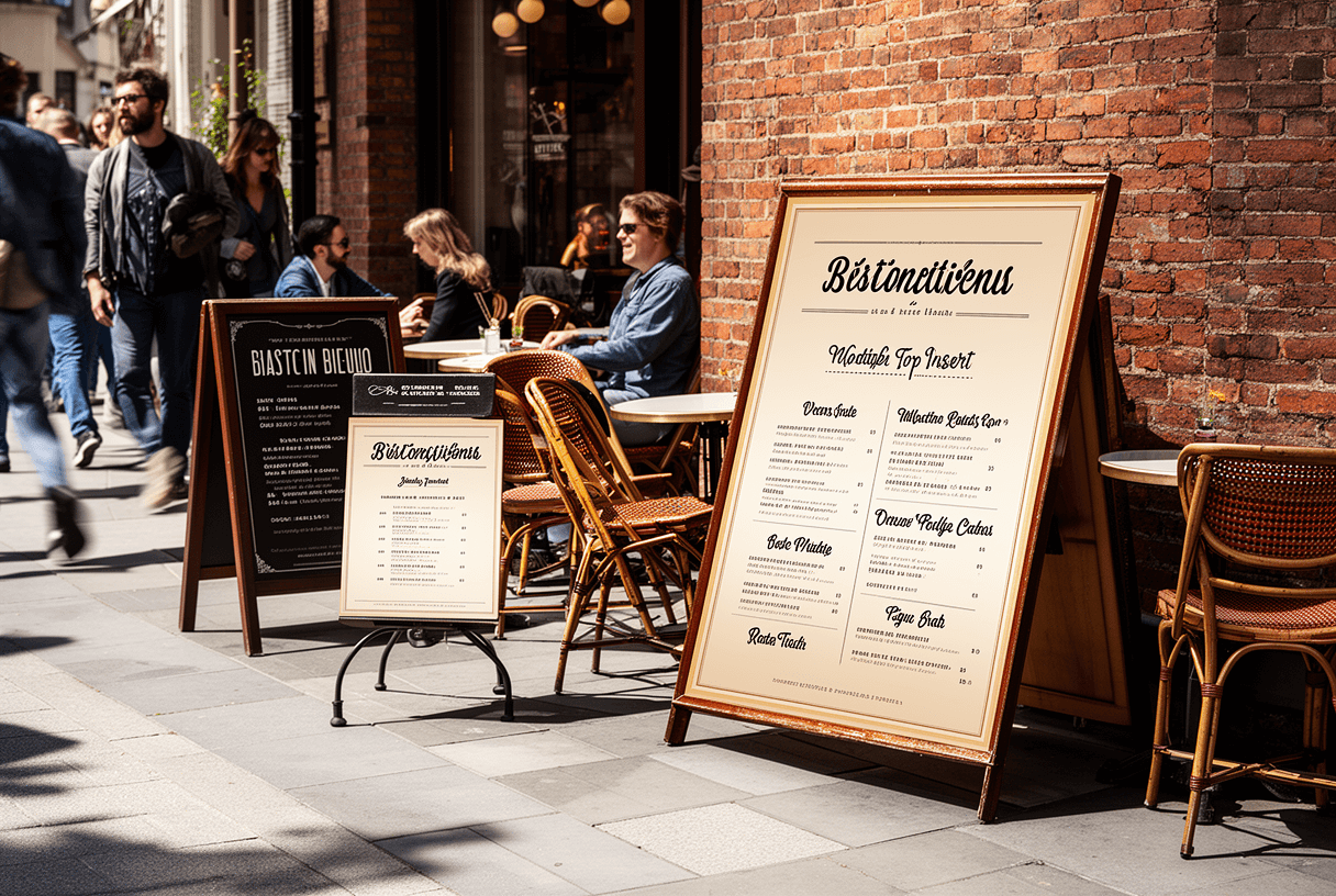 scène terrasse bistrot avec chevalet A-Board menu extérieur